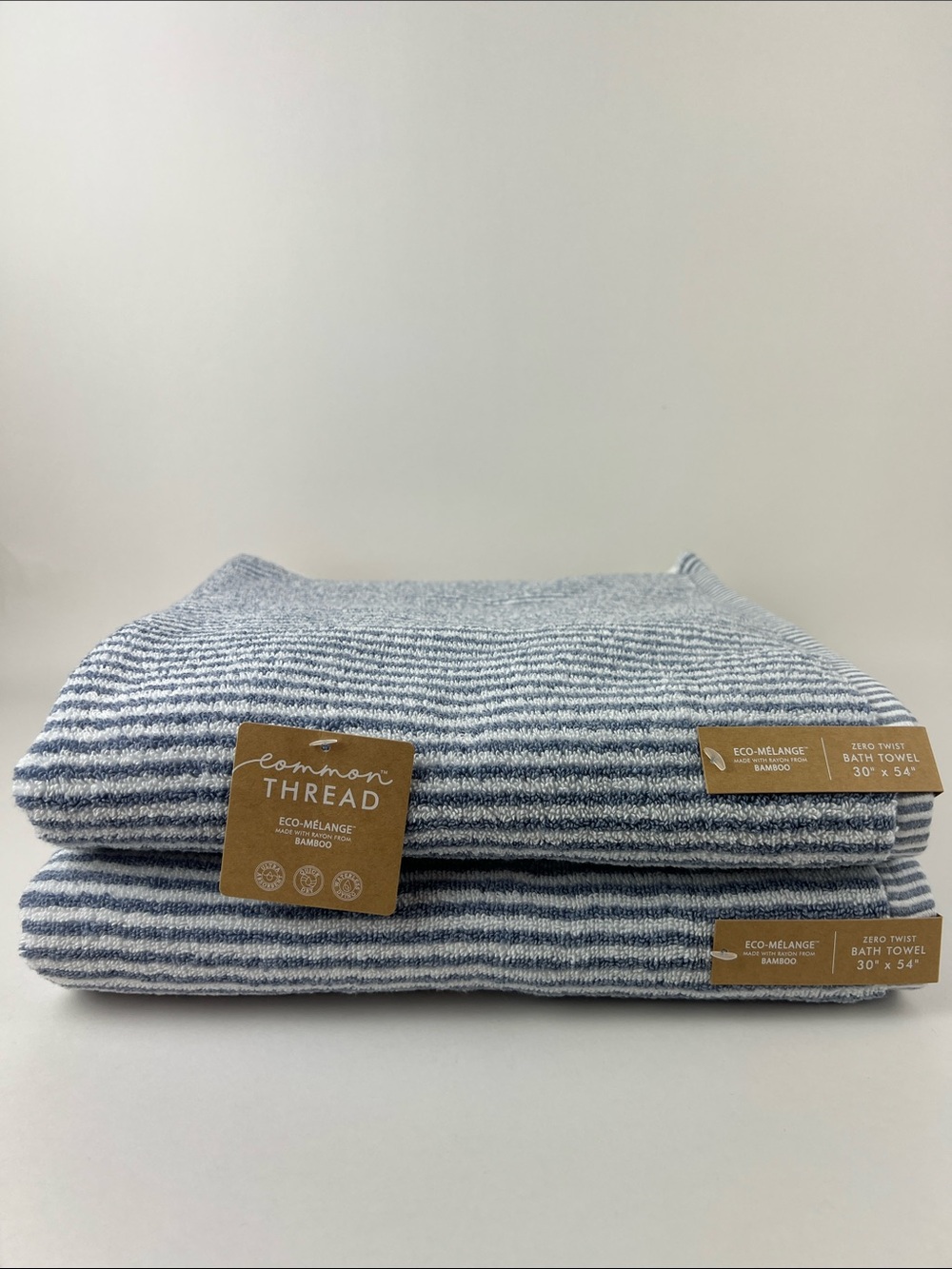 Common Thread Bath Towels Bamboo Blue White Striped Soft Cotton 2 Pc Set NEW